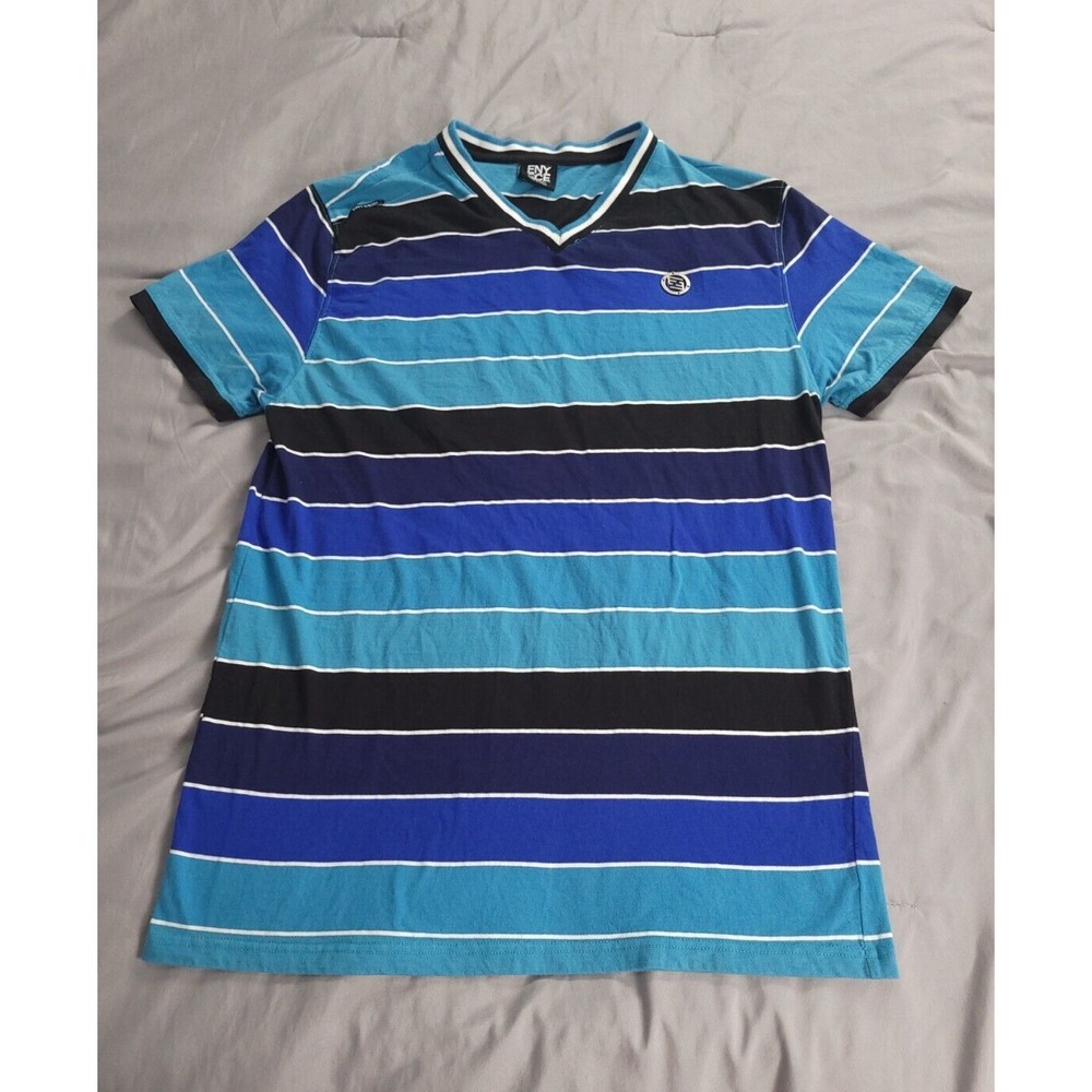 Enyoce Mens Shirt XXL Blue Striped Cotton V-Neck Metal Emblem Sean Combs 2XL